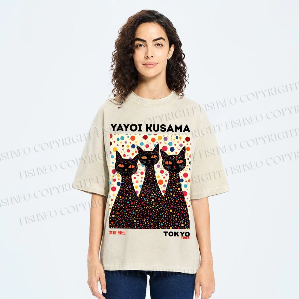 Unisex Yayoi Kusama Black Cats With Dots Printed Washed Tee