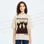 Unisex Yayoi Kusama Black Cats With Dots Printed Washed Tee