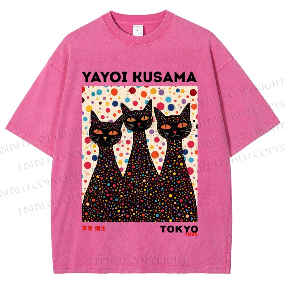 Unisex Yayoi Kusama Black Cats With Dots Printed Washed Tee