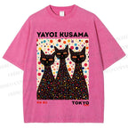 Unisex Yayoi Kusama Black Cats With Dots Printed Washed Tee