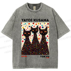 Unisex Yayoi Kusama Black Cats With Dots Printed Washed Tee
