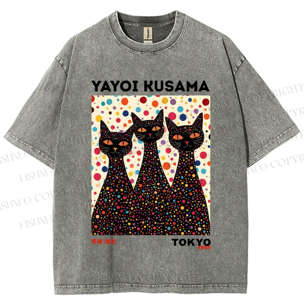 Unisex Yayoi Kusama Black Cats With Dots Printed Washed Tee