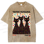 Unisex Yayoi Kusama Black Cats With Dots Printed Washed Tee