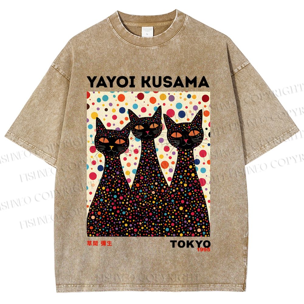 Unisex Yayoi Kusama Black Cats With Dots Printed Washed Tee