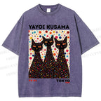 Unisex Yayoi Kusama Black Cats With Dots Printed Washed Tee
