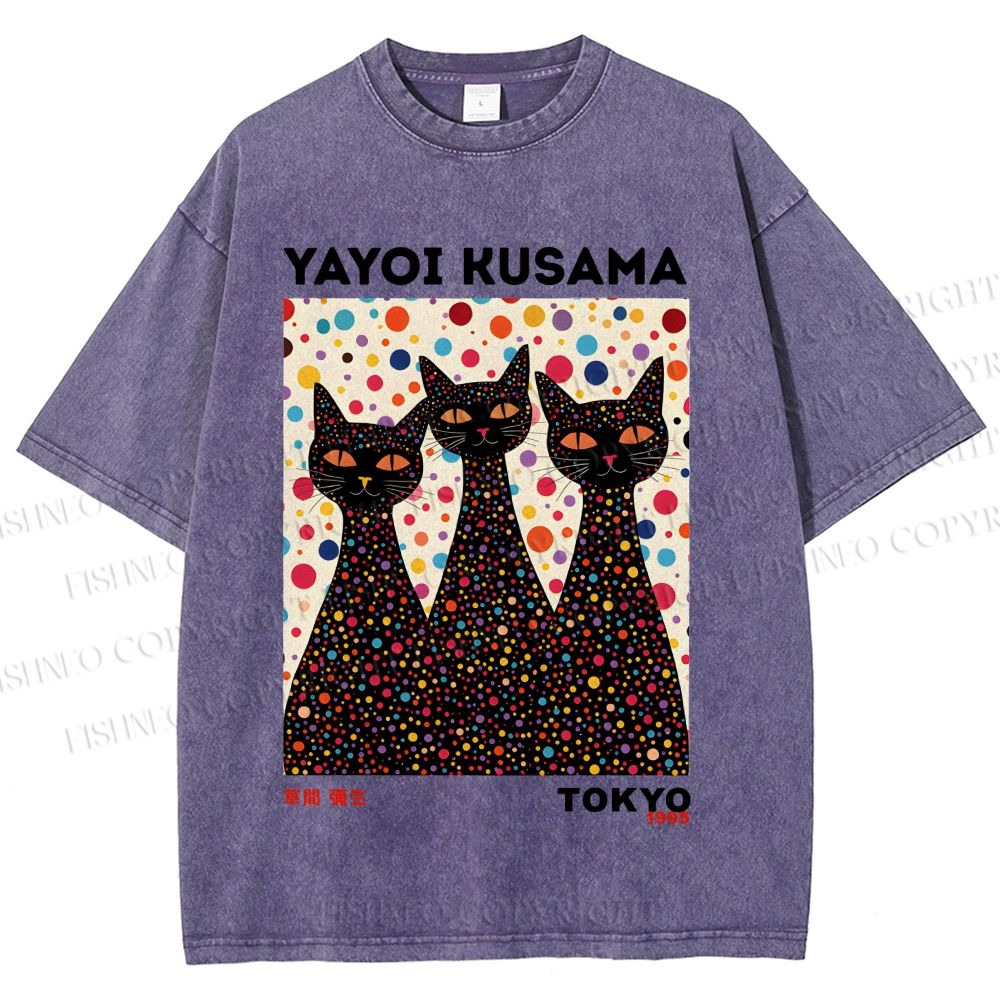 Unisex Yayoi Kusama Black Cats With Dots Printed Washed Tee