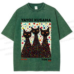Unisex Yayoi Kusama Black Cats With Dots Printed Washed Tee