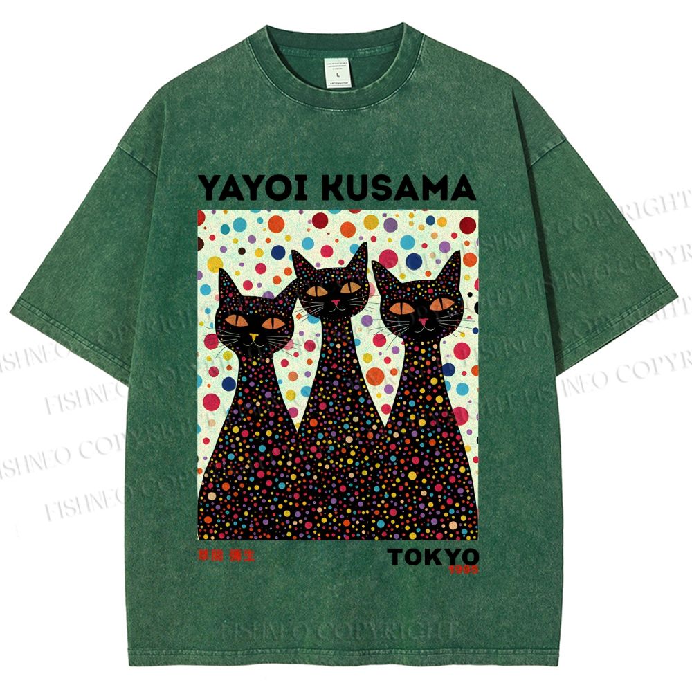 Unisex Yayoi Kusama Black Cats With Dots Printed Washed Tee
