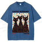 Unisex Yayoi Kusama Black Cats With Dots Printed Washed Tee