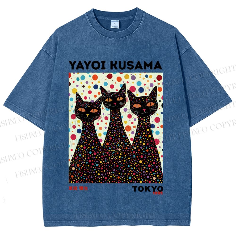 Unisex Yayoi Kusama Black Cats With Dots Printed Washed Tee