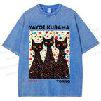 Unisex Yayoi Kusama Black Cats With Dots Printed Washed Tee