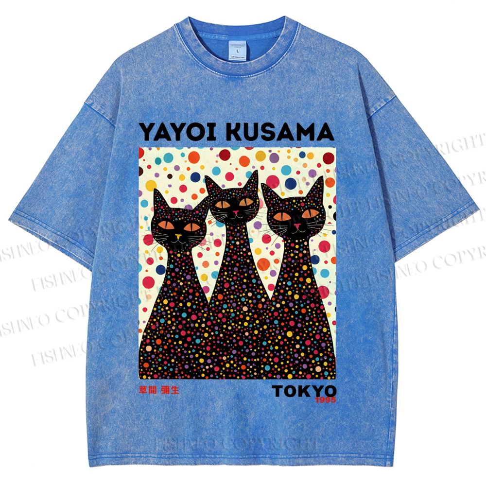 Unisex Yayoi Kusama Black Cats With Dots Printed Washed Tee