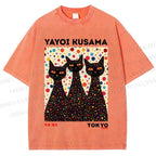 Unisex Yayoi Kusama Black Cats With Dots Printed Washed Tee