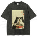 Unisex Surprised Cat Eating Ramen Printed Washed Tee