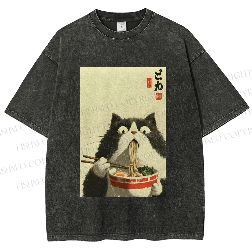 Unisex Surprised Cat Eating Ramen Printed Washed Tee