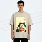Unisex Surprised Cat Eating Ramen Printed Washed Tee