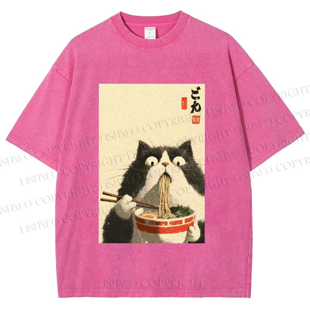 Unisex Surprised Cat Eating Ramen Printed Washed Tee