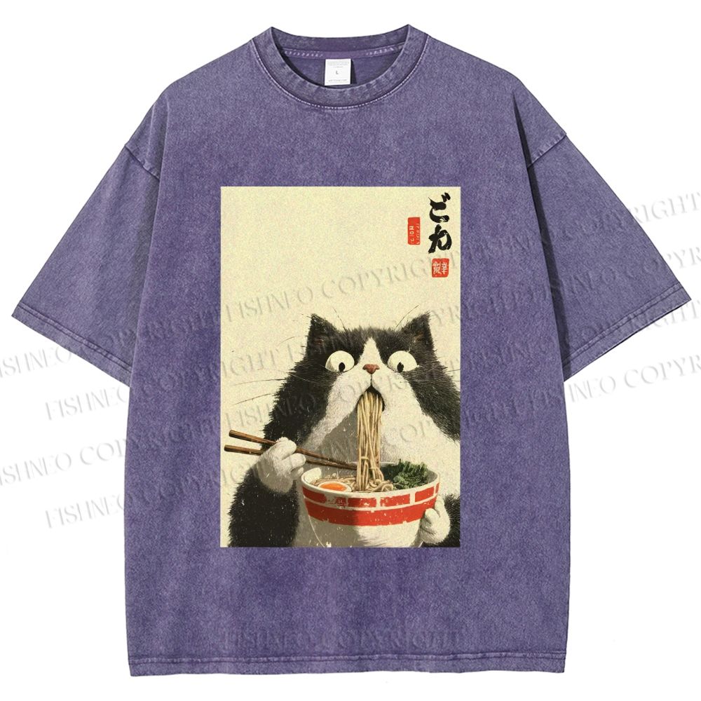 Unisex Surprised Cat Eating Ramen Printed Washed Tee