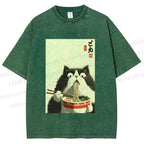 Unisex Surprised Cat Eating Ramen Printed Washed Tee