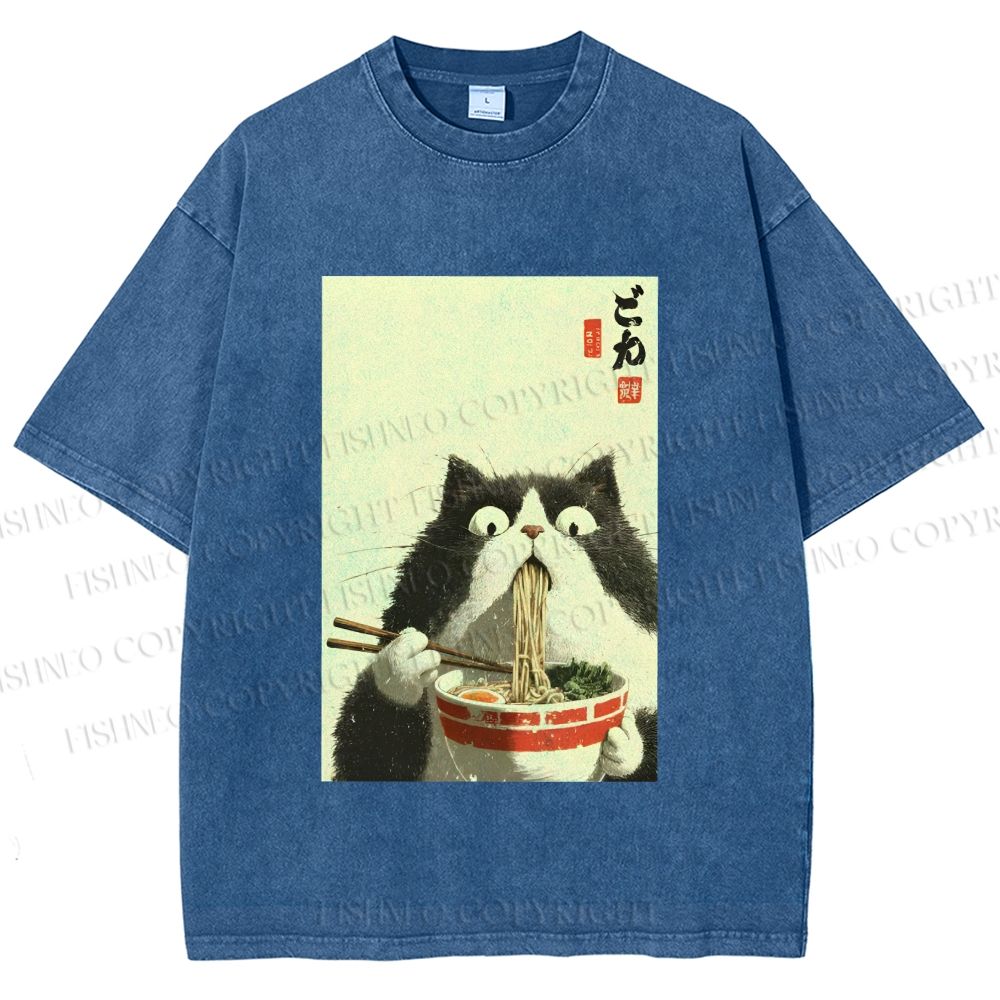Unisex Surprised Cat Eating Ramen Printed Washed Tee