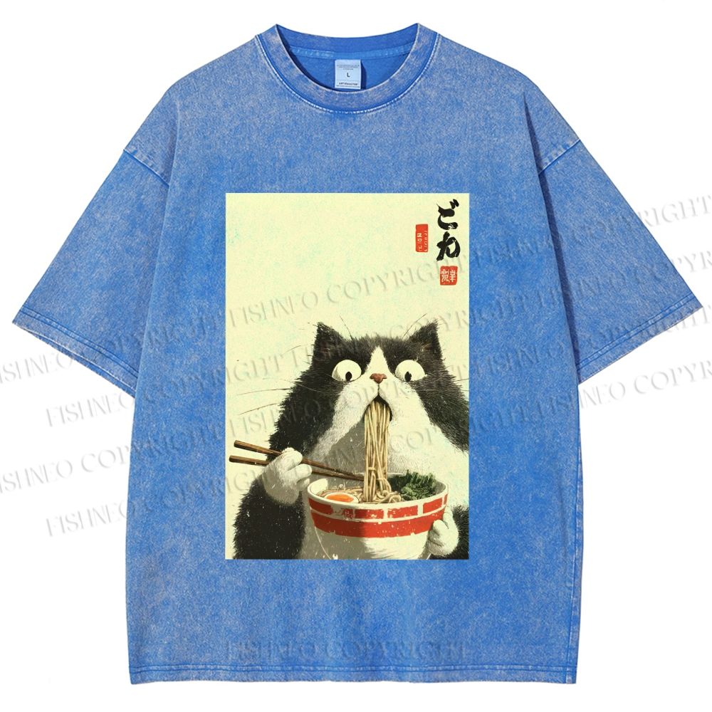 Unisex Surprised Cat Eating Ramen Printed Washed Tee