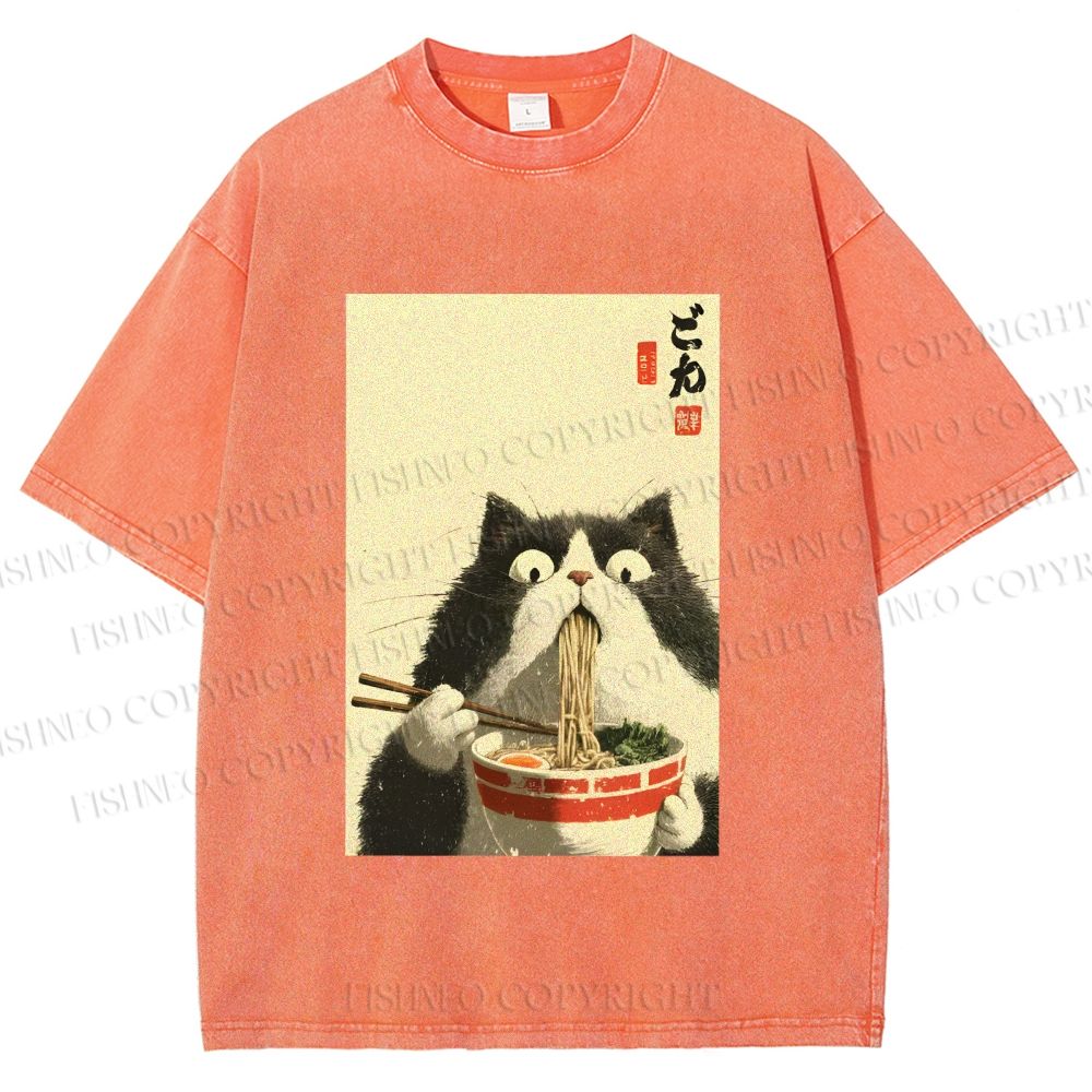 Unisex Surprised Cat Eating Ramen Printed Washed Tee