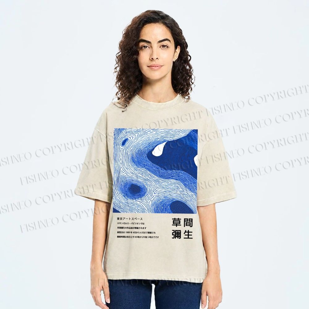 Unisex Yayoi Kusama Blue Wave Printed Washed Tee