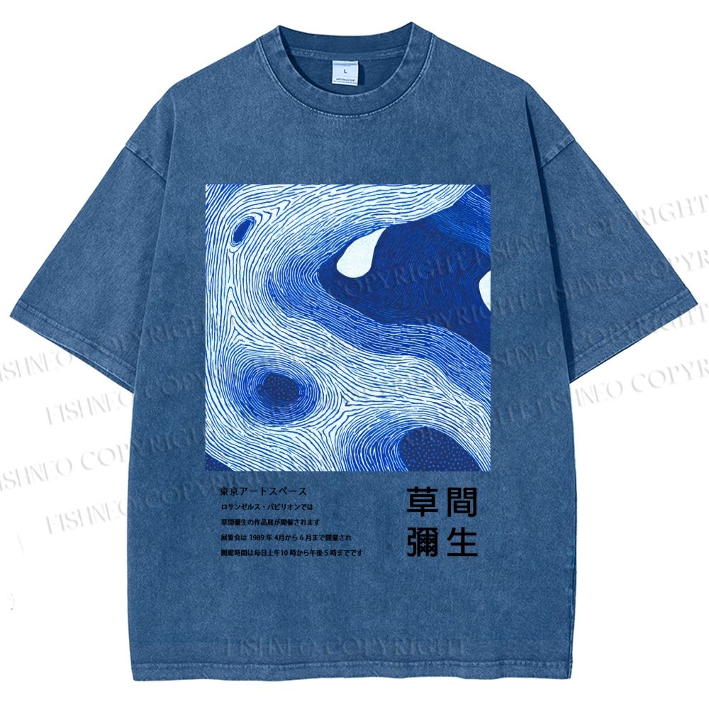Unisex Yayoi Kusama Blue Wave Printed Washed Tee