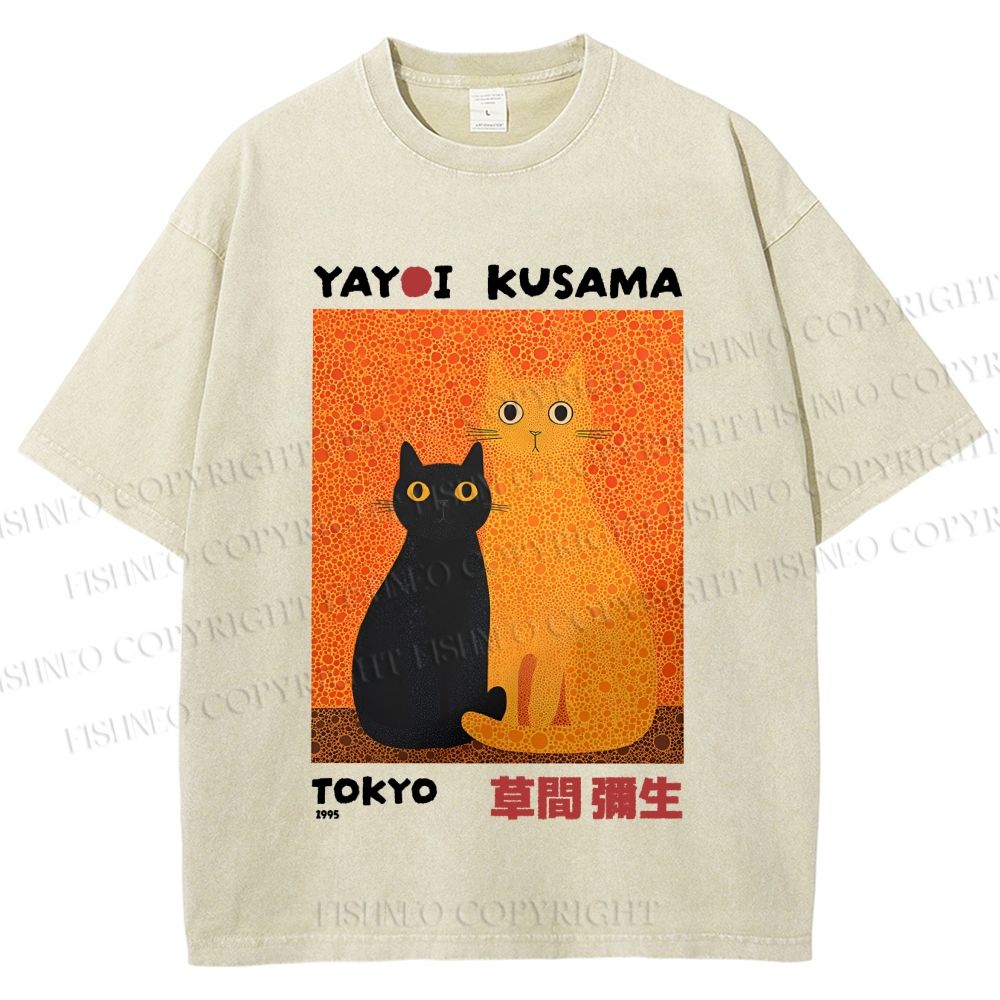Unisex Yayoi Kusama Cats Printed Washed Tee