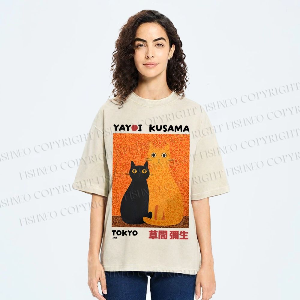 Unisex Yayoi Kusama Cats Printed Washed Tee