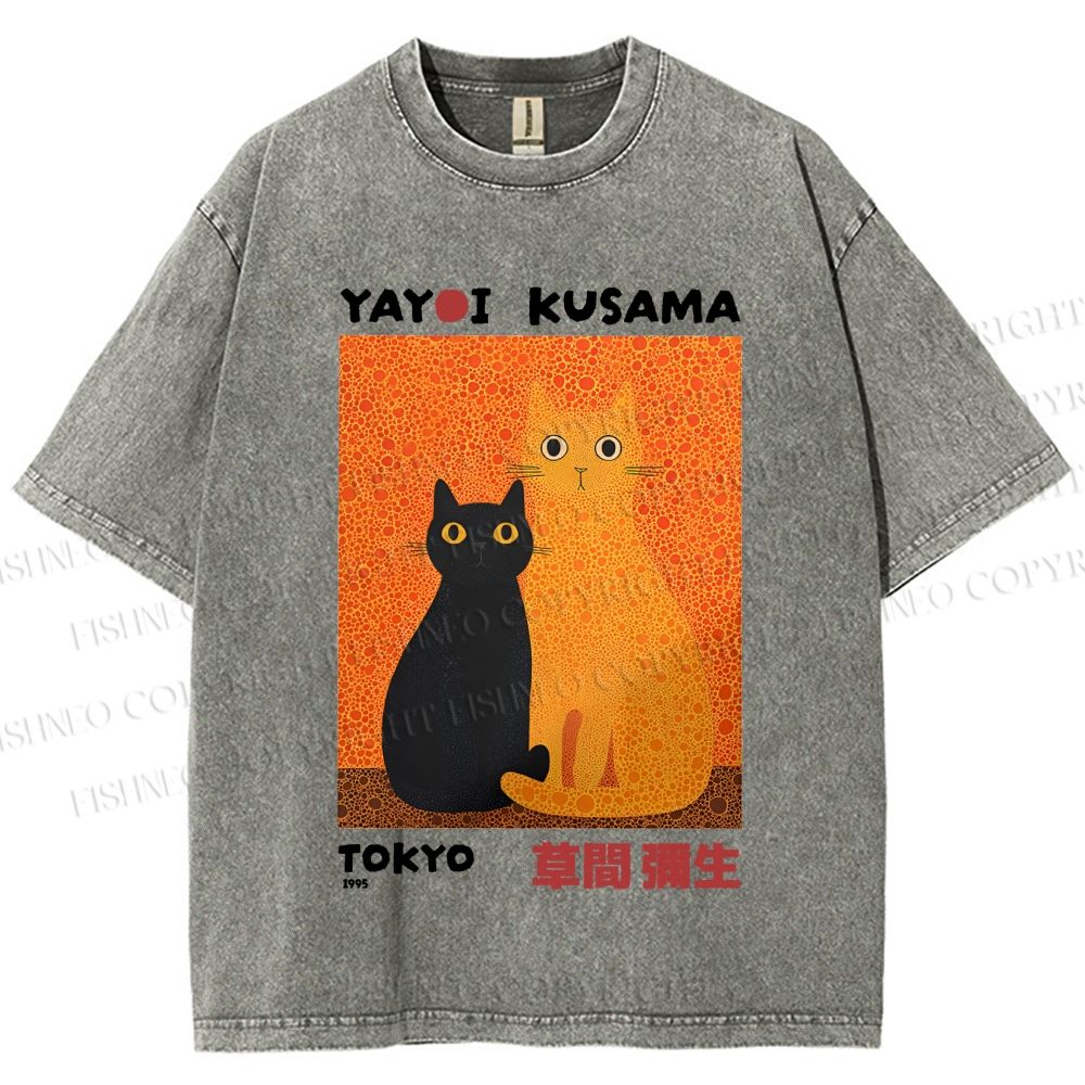 Unisex Yayoi Kusama Cats Printed Washed Tee