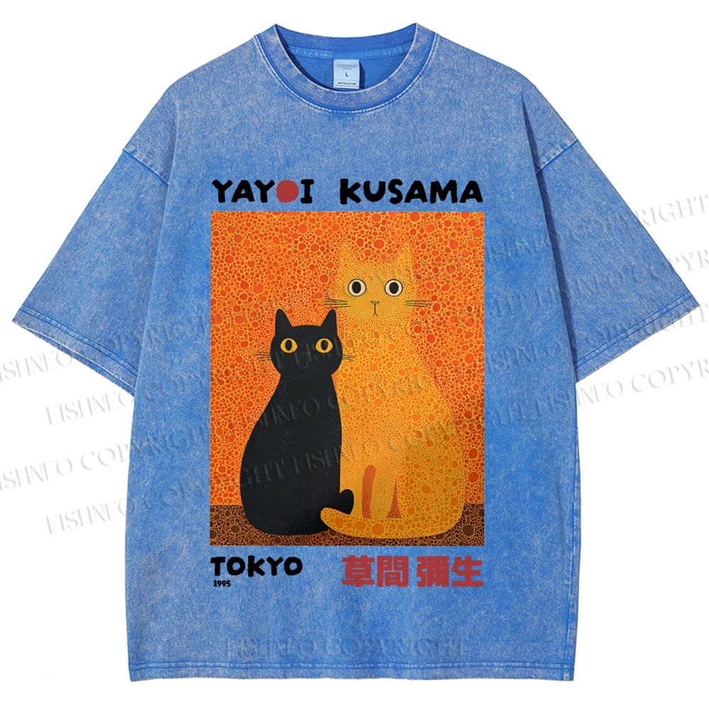 Unisex Yayoi Kusama Cats Printed Washed Tee