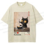 Unisex Yayoi Kusama Cat Having Ramen Printed Washed Tee