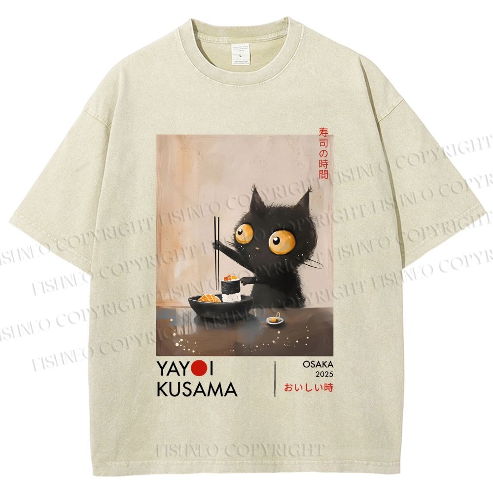 Unisex Yayoi Kusama Cat Having Ramen Printed Washed Tee