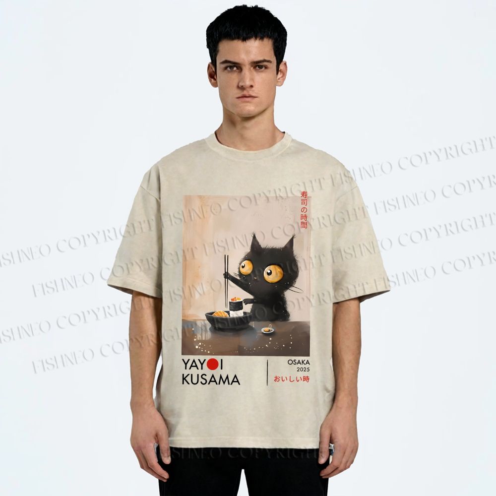 Unisex Yayoi Kusama Cat Having Ramen Printed Washed Tee