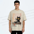 Unisex Yayoi Kusama Cat Having Ramen Printed Washed Tee