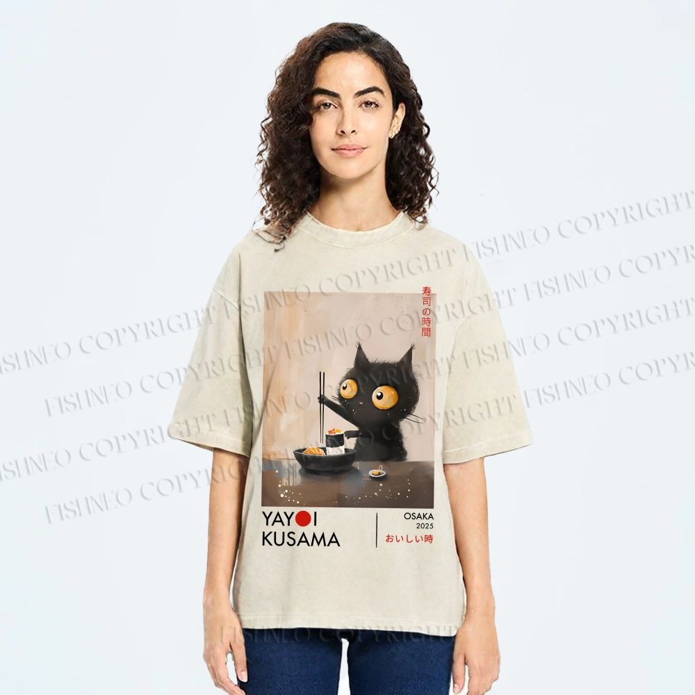 Unisex Yayoi Kusama Cat Having Ramen Printed Washed Tee