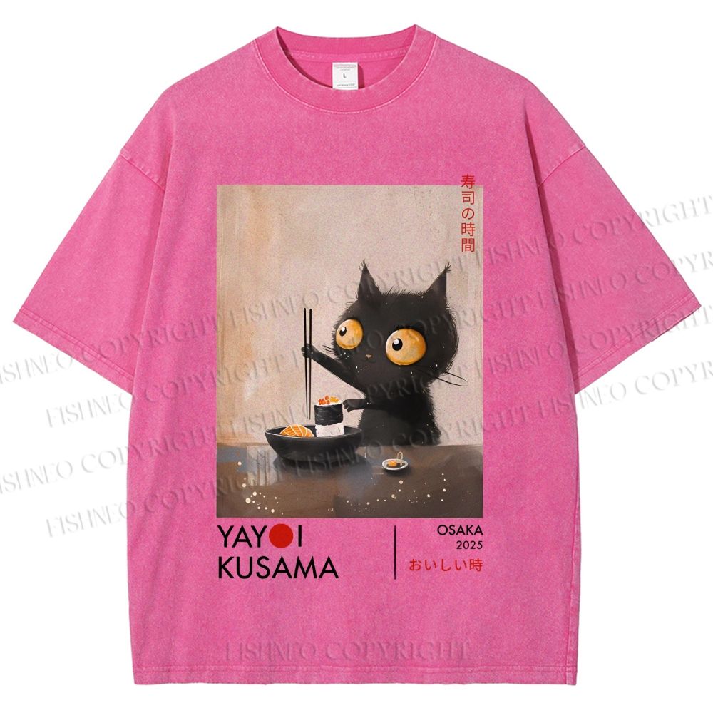 Unisex Yayoi Kusama Cat Having Ramen Printed Washed Tee