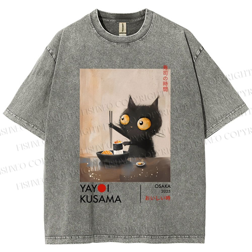 Unisex Yayoi Kusama Cat Having Ramen Printed Washed Tee