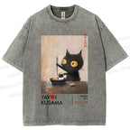 Unisex Yayoi Kusama Cat Having Ramen Printed Washed Tee
