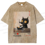Unisex Yayoi Kusama Cat Having Ramen Printed Washed Tee