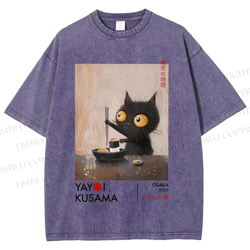 Unisex Yayoi Kusama Cat Having Ramen Printed Washed Tee