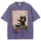 Unisex Yayoi Kusama Cat Having Ramen Printed Washed Tee