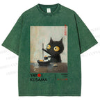 Unisex Yayoi Kusama Cat Having Ramen Printed Washed Tee
