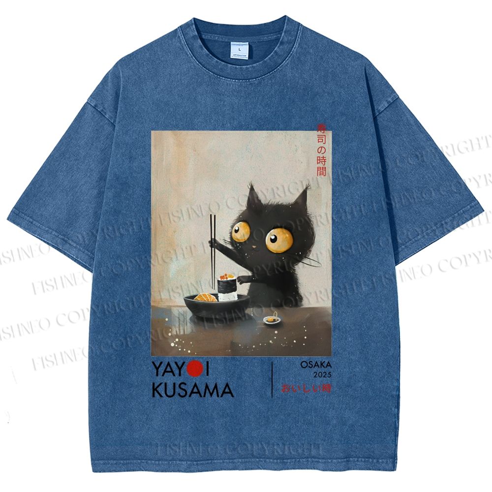 Unisex Yayoi Kusama Cat Having Ramen Printed Washed Tee