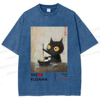 Unisex Yayoi Kusama Cat Having Ramen Printed Washed Tee
