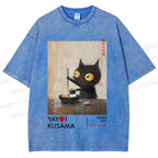 Unisex Yayoi Kusama Cat Having Ramen Printed Washed Tee