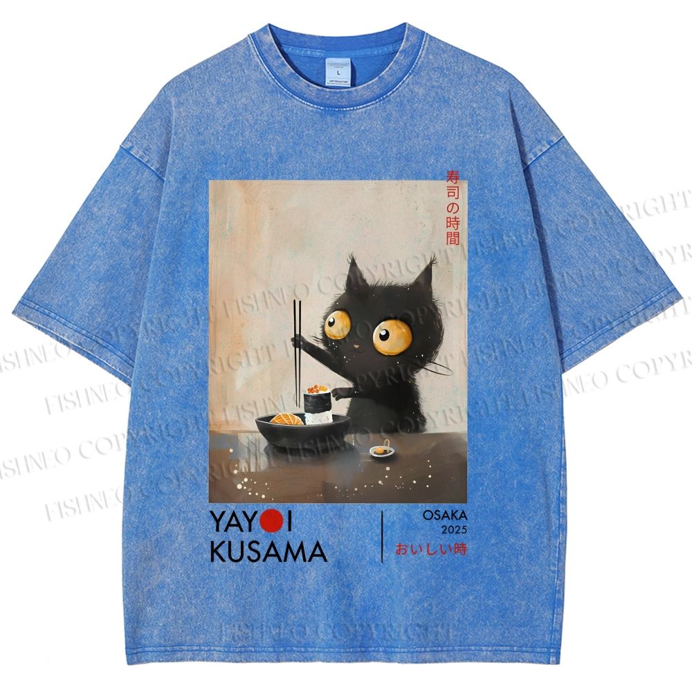 Unisex Yayoi Kusama Cat Having Ramen Printed Washed Tee