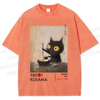 Unisex Yayoi Kusama Cat Having Ramen Printed Washed Tee