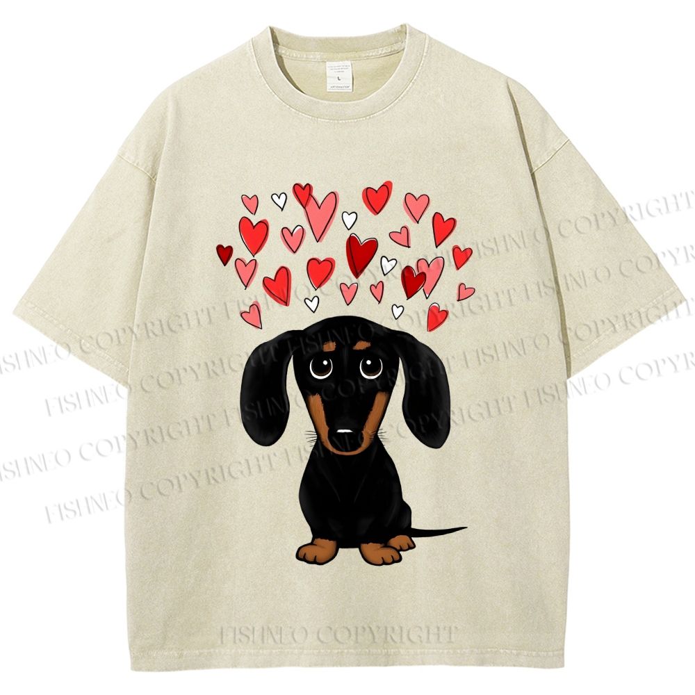 Unisex Valentine's Day Heart Dog Printed Washed Tee